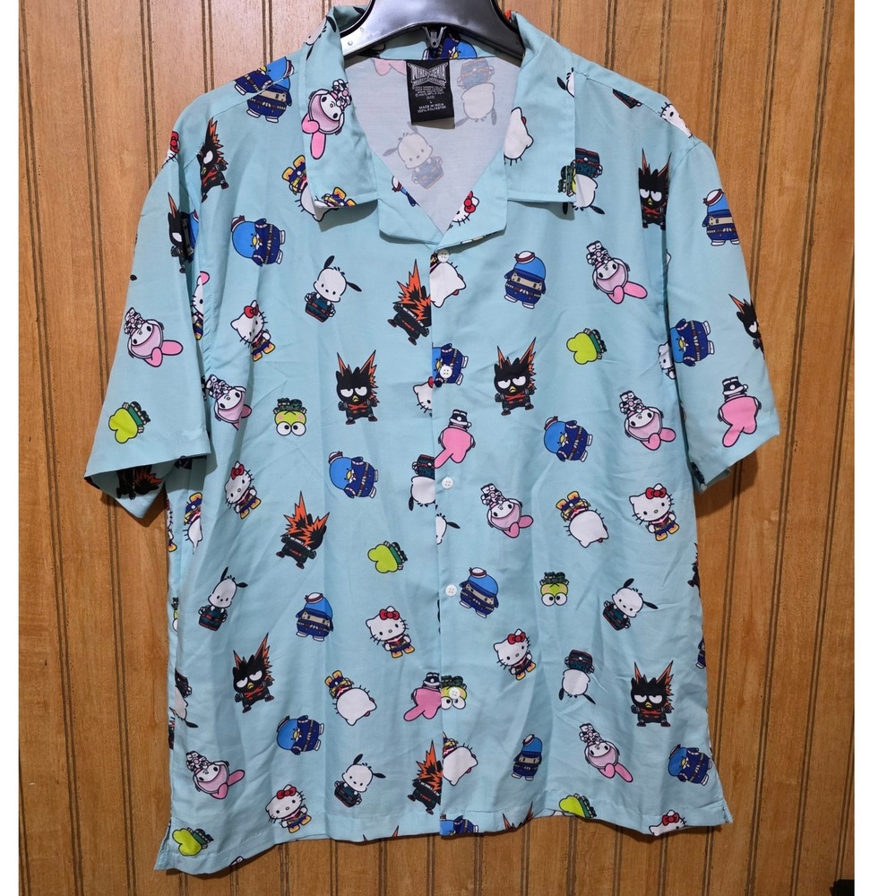 My Hero Academia Hello Kitty Friends Print Shirt Sz L Blue Button Up‎